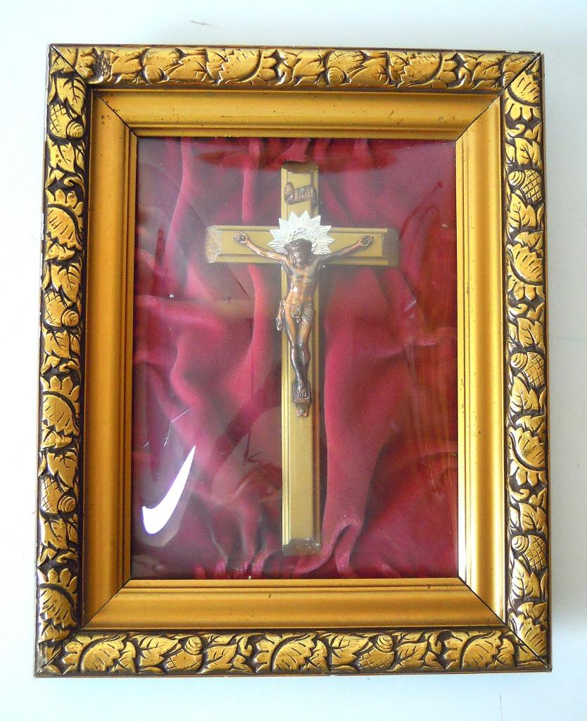 Antieke Jezus kader met gebombeerd glas, Antiek en Kunst, Ophalen of Verzenden