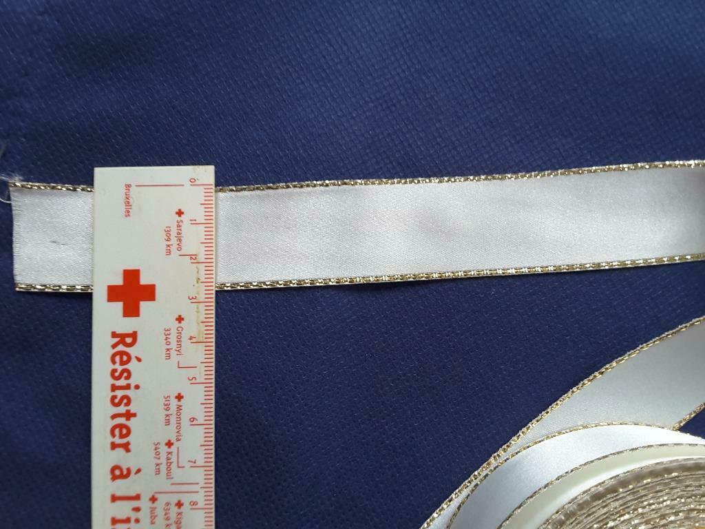 ruban - galon satin 27 mm blanc bordé fil doré RG2718, Hobby & Loisirs créatifs, Enlèvement ou Envoi, Neuf