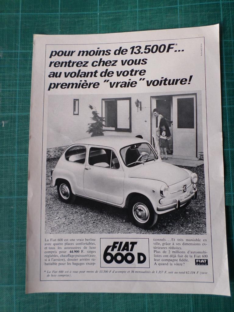 Fiat 600 D - publicité papier - 1967, Collections, Marques & Objets publicitaires, Enlèvement ou Envoi, Utilisé, Autres types