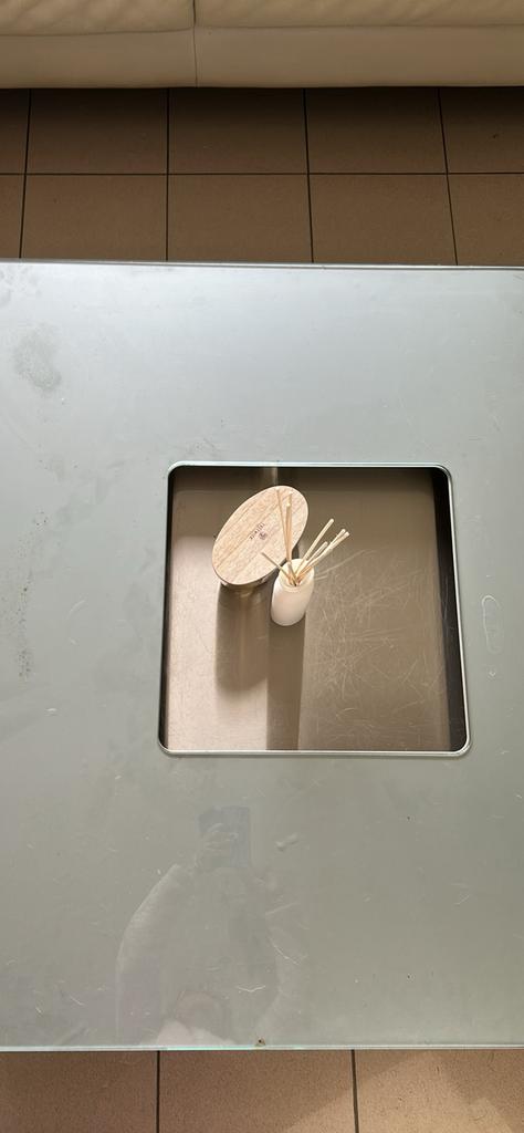 Design salontafel vierkant 1m20, Ophalen, Gebruikt, Vierkant, Glas