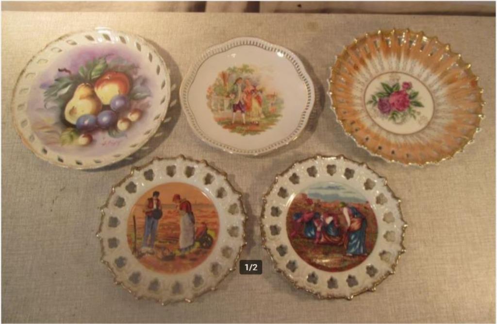 5 belles assiettes décoratives en porcelaine ancienne, Enlèvement ou Envoi