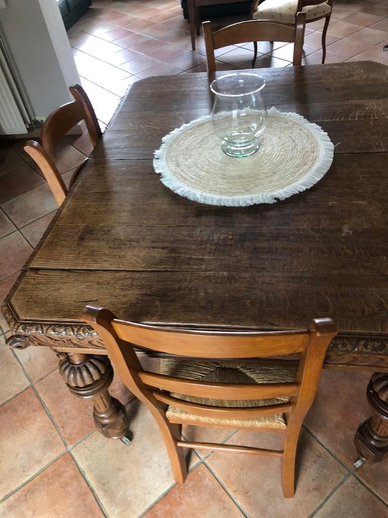 Grande table de ferme chêne + 6 chaises+4 grandes allonges, Enlèvement