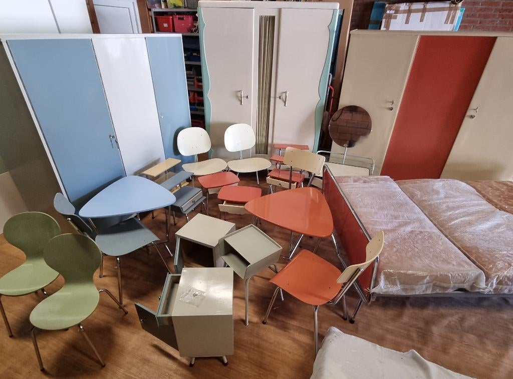 Rietveld Auping partij stoelen+slaapkamer+kaptafel+tafels, Enlèvement, Utilisé, Bois, Vintage retro