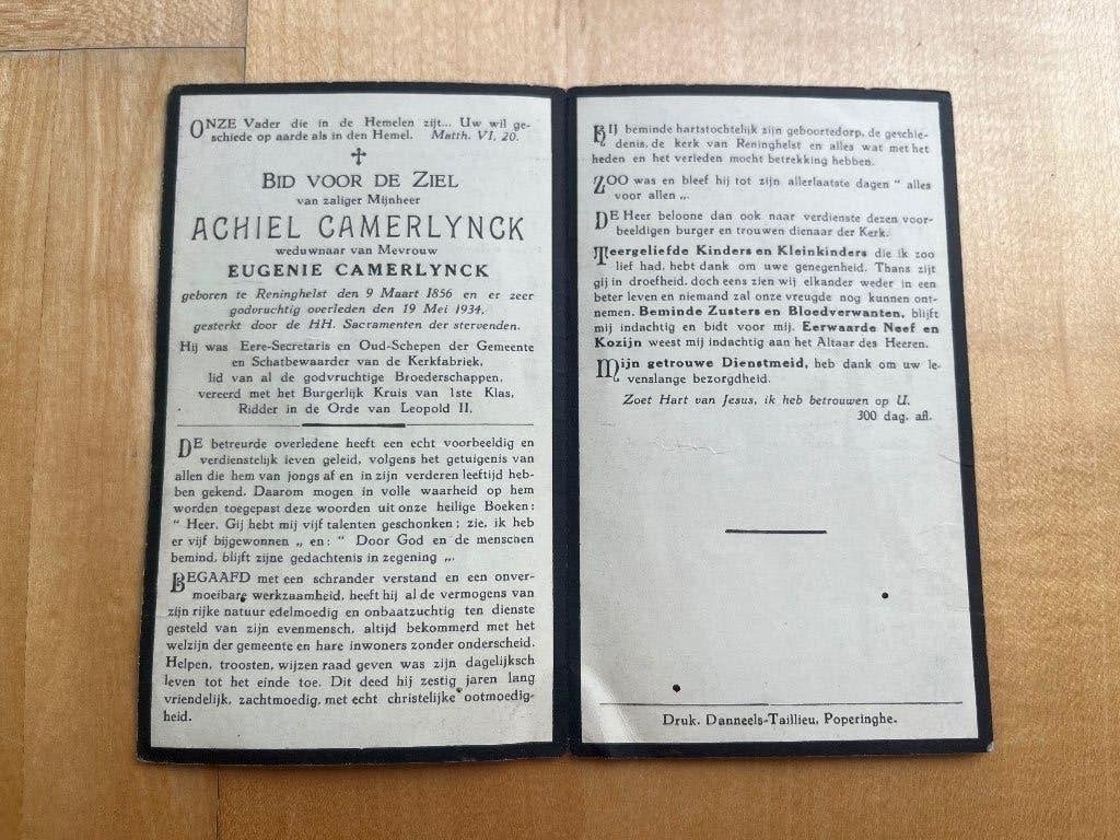 Rouwkaart A. Camerlynck  Reninghelst 1859 + 1934, Envoi, Carte de condoléances