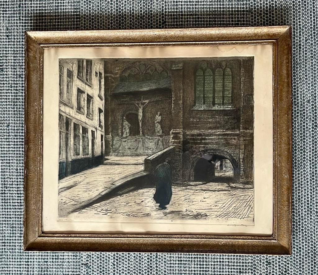Gravure d'art Henri Geertsen -Vleeshuis Anvers 65x80cm cadre, Enlèvement