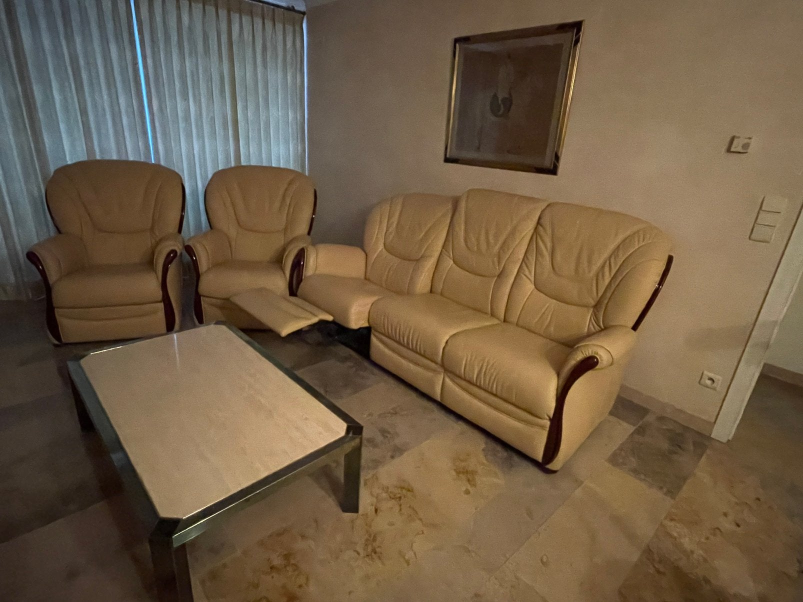 Salon beige leder met relax, Ophalen, Zo goed als nieuw