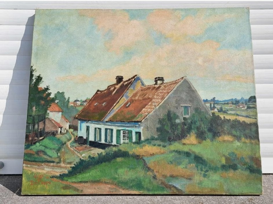 huile sur toile vieilles maisons signe jules de paepe, Antiek en Kunst, Ophalen of Verzenden, Doek