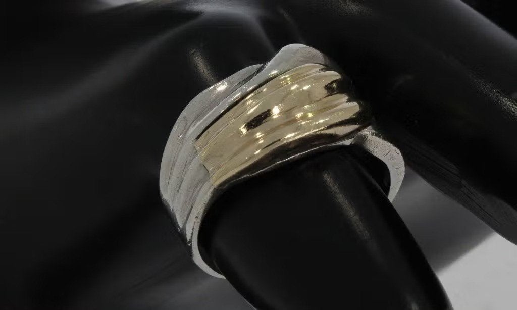 14k gouden abstracte heren dames ring zilver design, Ophalen of Verzenden, Zo goed als nieuw, Dame of Heer, Met edelsteen