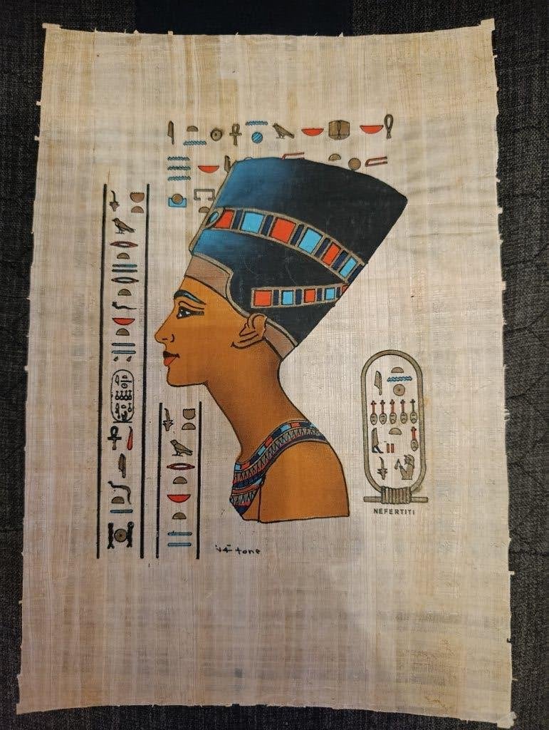 Egyptische papyrusschildering op echt papyrus, Antiek en Kunst, Ophalen, Schilderij, Gesigneerd, Overige materialen