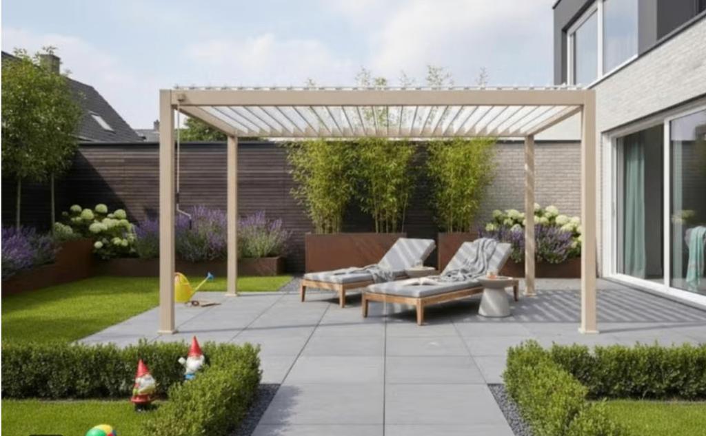 Bioklimatische pergola houtlook en wit 4 x3m, Ophalen, Gebruikt