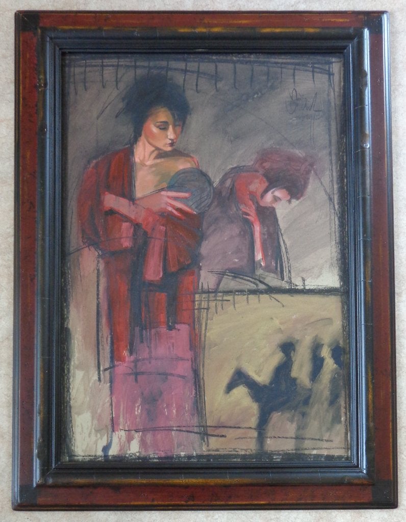 NICO VRIELINK / VROUWEN MET KIMONO / OLIEVERF 114x87cm KADER, Antiquités & Art, Enlèvement, Verre, Signé, Peinture à l'huile