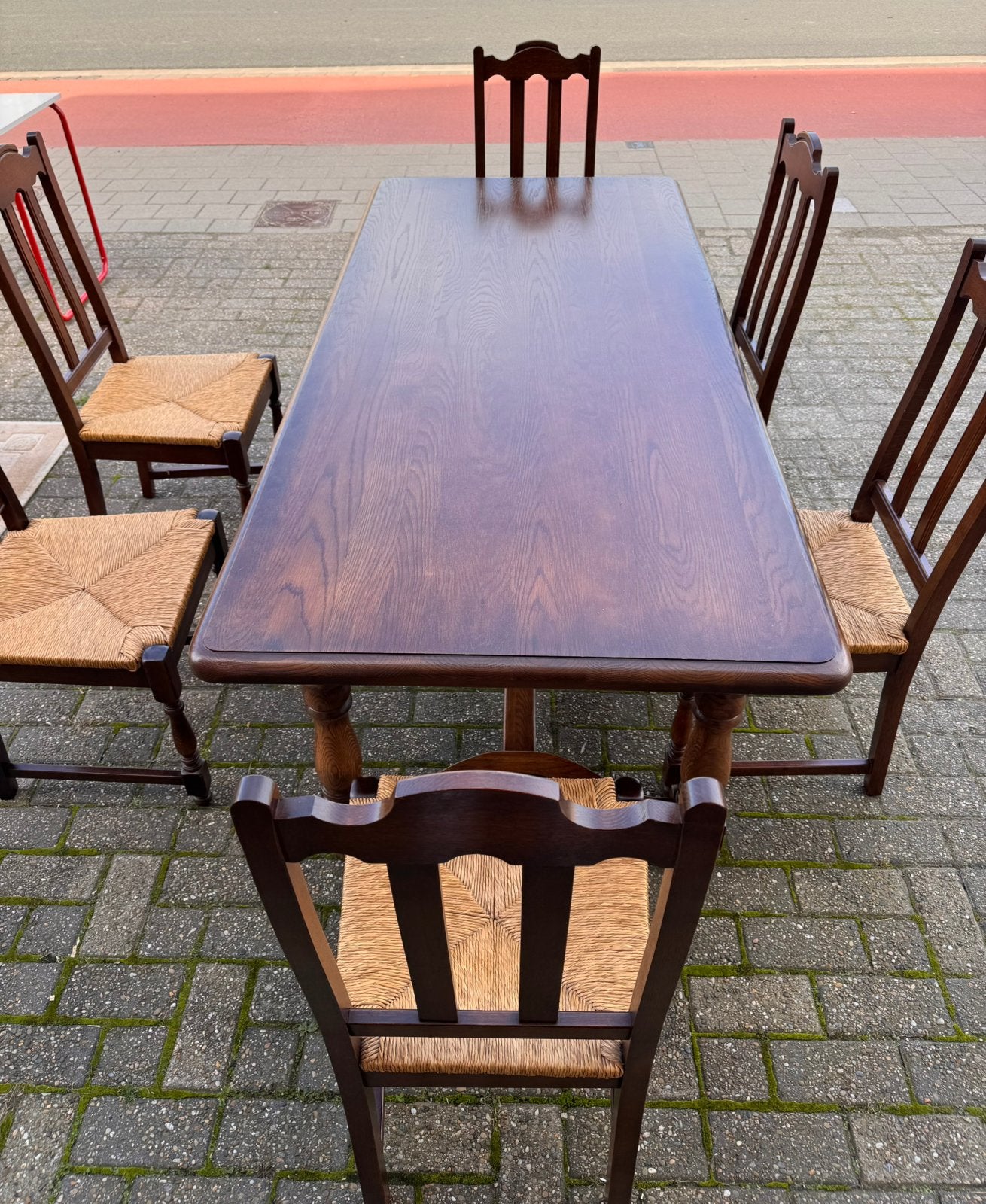 Houten eettafel met 6 stoelen – 200 x 90 cm, Ophalen, Gebruikt, Klassiek, 4 tot 6 stoelen