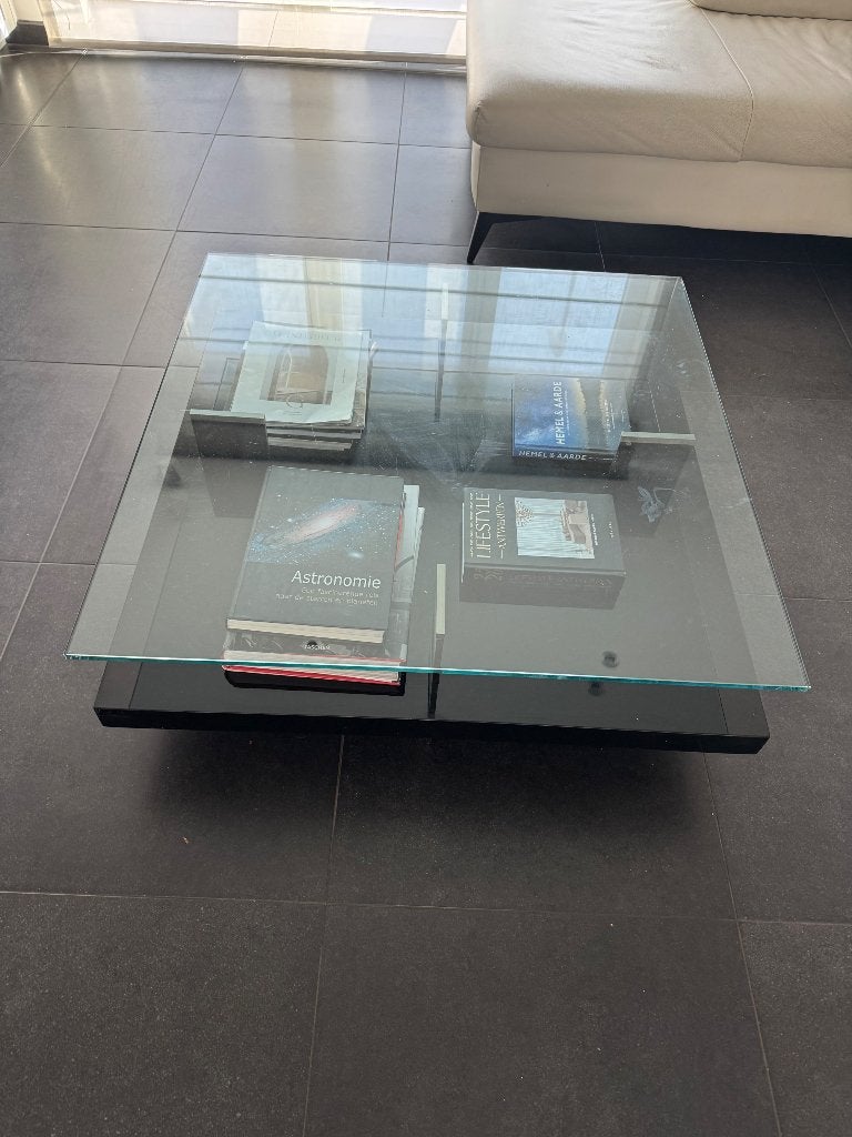 Glazen vierkante design salontafel, Ophalen, Gebruikt, 50 tot 100 cm, Design