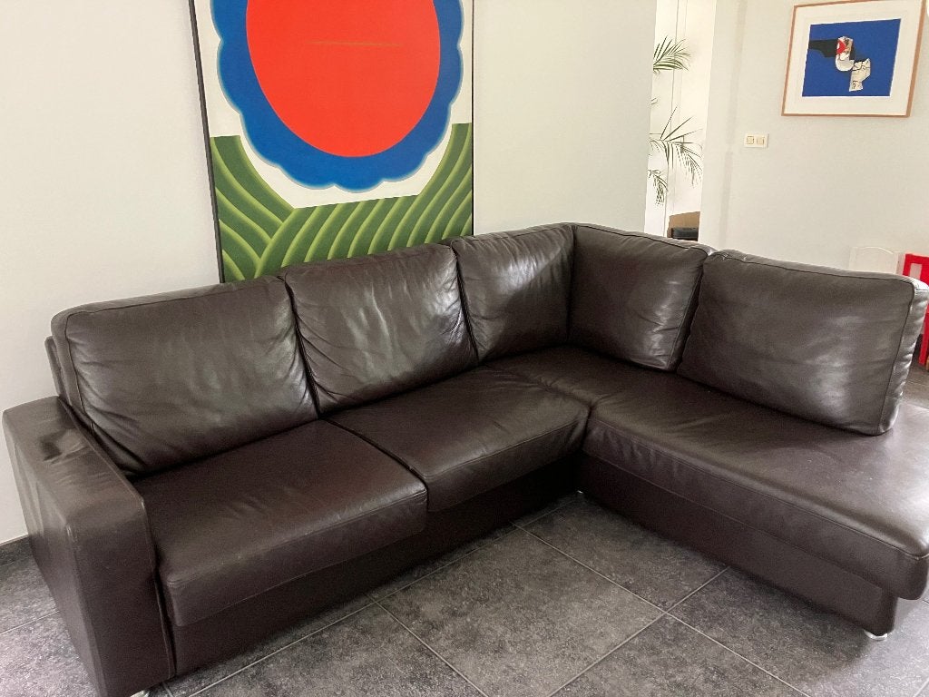 Donkerbruin lederen hoeksalon, Huis en Inrichting, Ophalen, Gebruikt, Leer, Past zowel in modern als in landelijk interieur