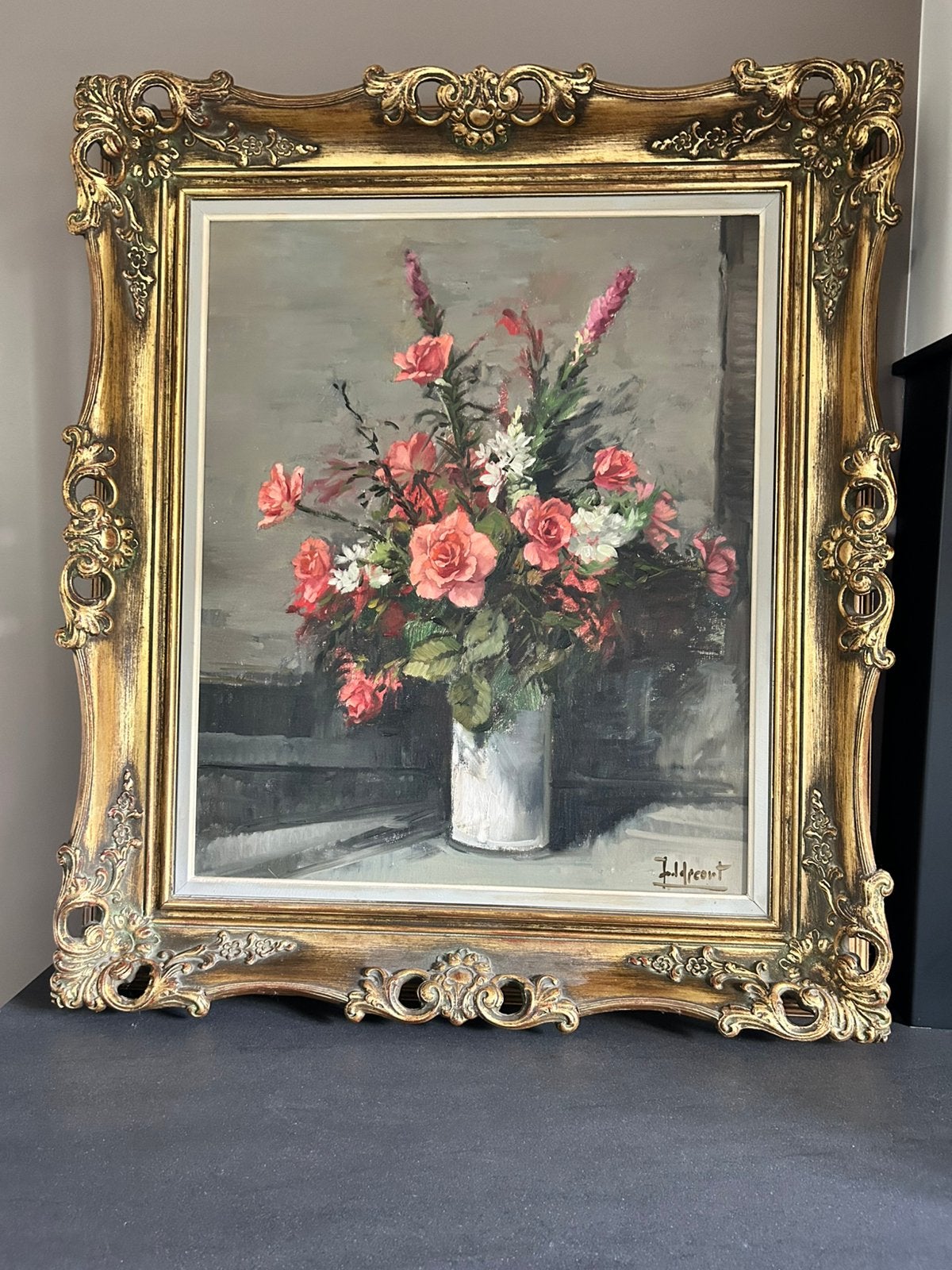 Schilderij bloemenstilleven met gouden lijst, Doek, Gesigneerd, Klassiek, Gemengde techniek
