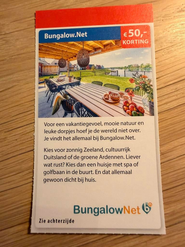 50 euro korting bij Bungalow net., Tickets & Billets, Loisirs | Autre, Trois personnes ou plus, Carte de réduction