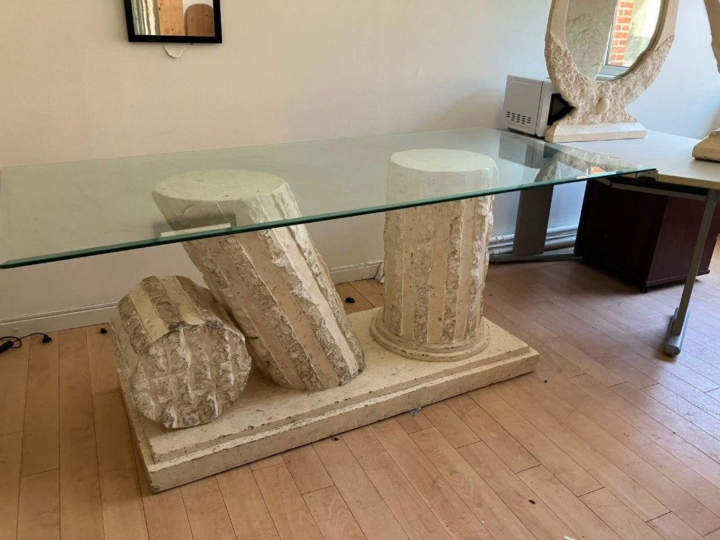 Glass table with pillars, Huis en Inrichting, Ophalen, Gebruikt, 200 cm of meer, 50 tot 100 cm