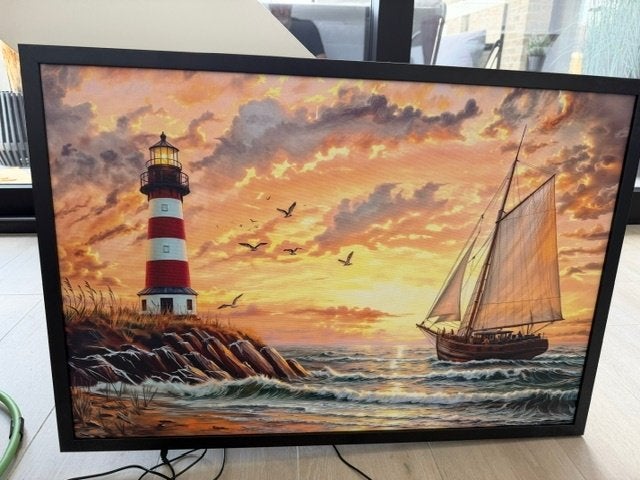 SCHILDERIJ LICHTTOREN/BOOT met verlichting, Antiek en Kunst, Ophalen, Maritiem / water, Doek, Overige technieken