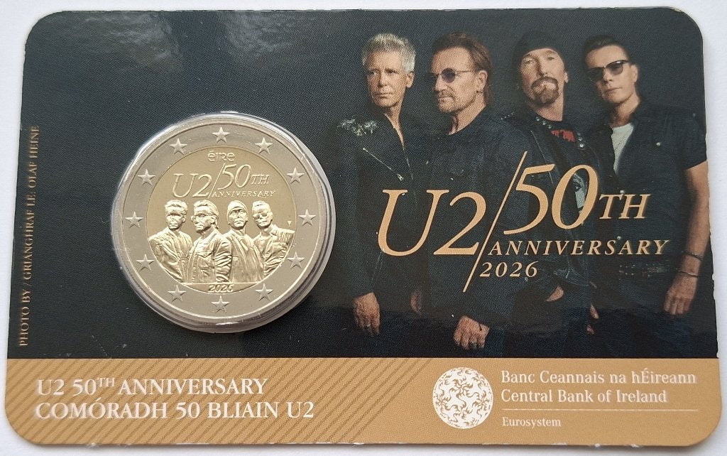 Carte à monnaie irlandaise 2 euros 2026 50 ans de U2, Timbres & Monnaies, Envoi, Irlande, 2 euros, Monnaie en vrac
