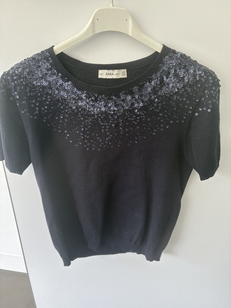 Blauwe tricot truitje met blauwe pailletten maat S van Zara, Kleding | Dames, Truien en Vesten, Zo goed als nieuw, Maat 36 (S)