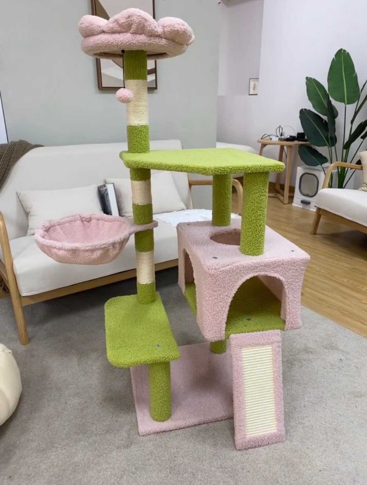 Schattige Krabpaal 120cm Roze/Groen Kattenhuis, Hangmat, Dieren en Toebehoren, Ophalen of Verzenden, Zo goed als nieuw, Krabpaal