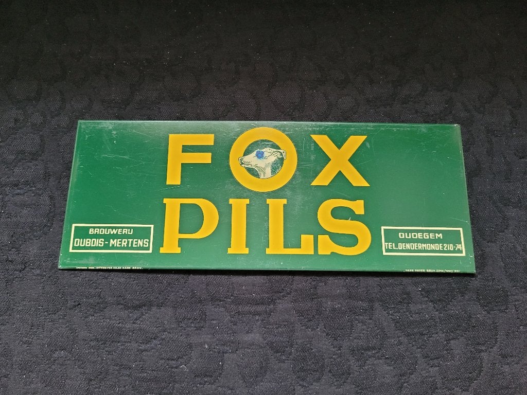 plaque publicitaire fox pils brouwerij Dubois-Mertens 1951, Enlèvement ou Envoi, Utilisé, Panneau publicitaire