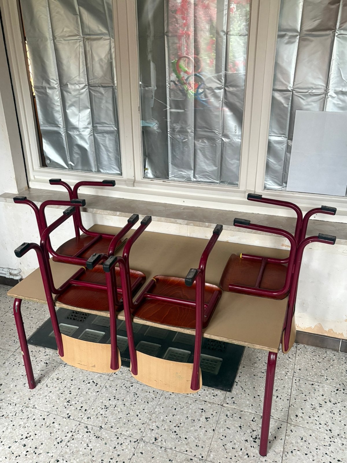 Vintage Galvanitas schoolset – tafel + 4 originele stoelen, Ophalen, Zo goed als nieuw, Rechthoekig