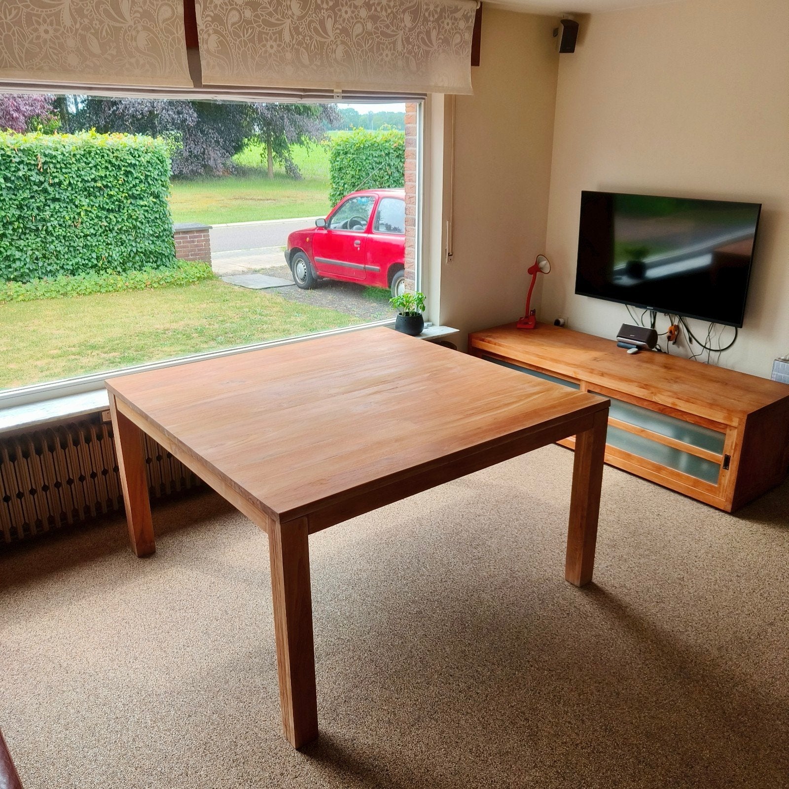 Deugdelijke kwaliteitsvolle robuuste vol houten teak tafel, Huis en Inrichting, Tafels | Eettafels, Ophalen, Teakhout