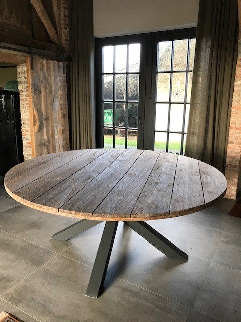 Ronde tuintafel teak + metaal  zwart mat 1m80, Tuin en Terras, Tuintafels, Ophalen, Zo goed als nieuw, Rond, Metaal