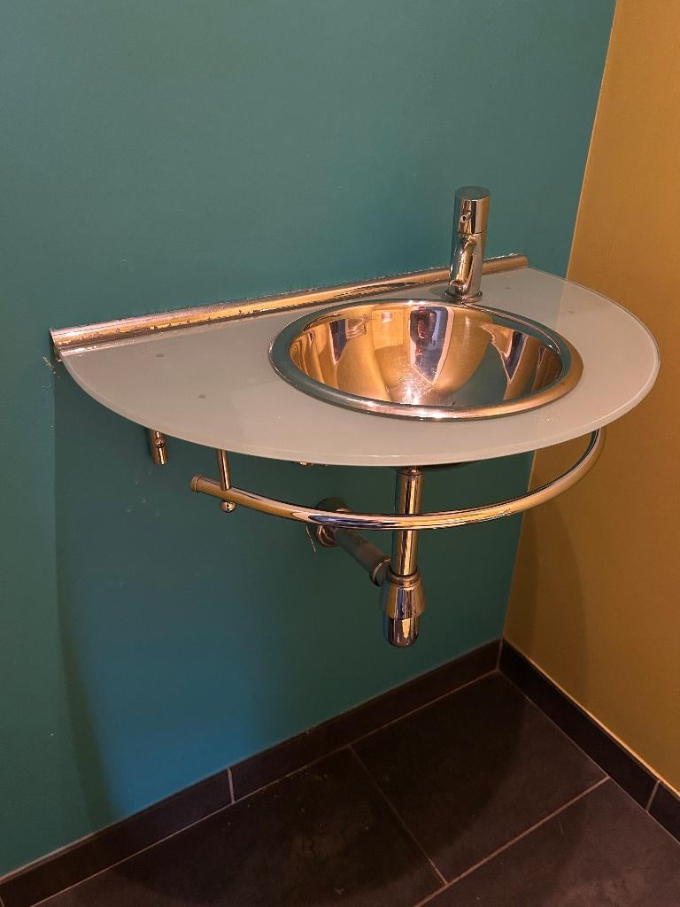 lavabo en inox, tablette en verre + robinet en inox, Enlèvement, Utilisé