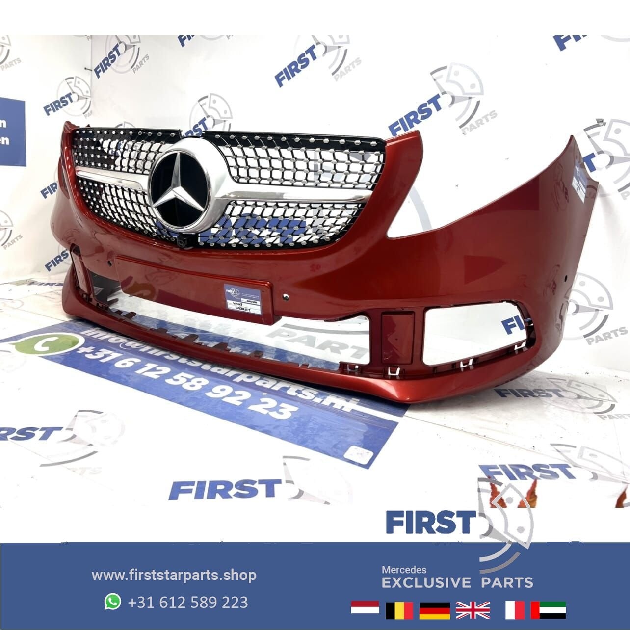 W447 V KLASSE FACELIFT VOORBUMPER + DIAMOND GRIL ROOD ORIGIN, Gebruikt, -, Voor, Ophalen of Verzenden