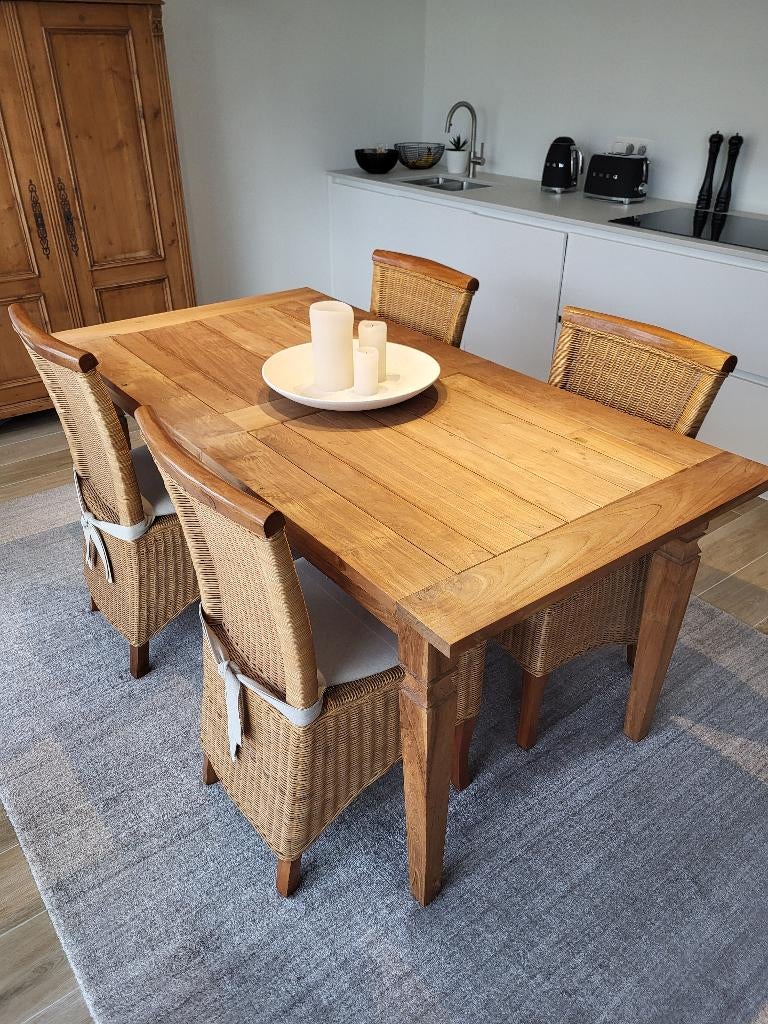 Table à manger (bois de teck massif) avec chaises assorties, Maison & Meubles, Tables | Tables à manger, Utilisé, 50 à 100 cm