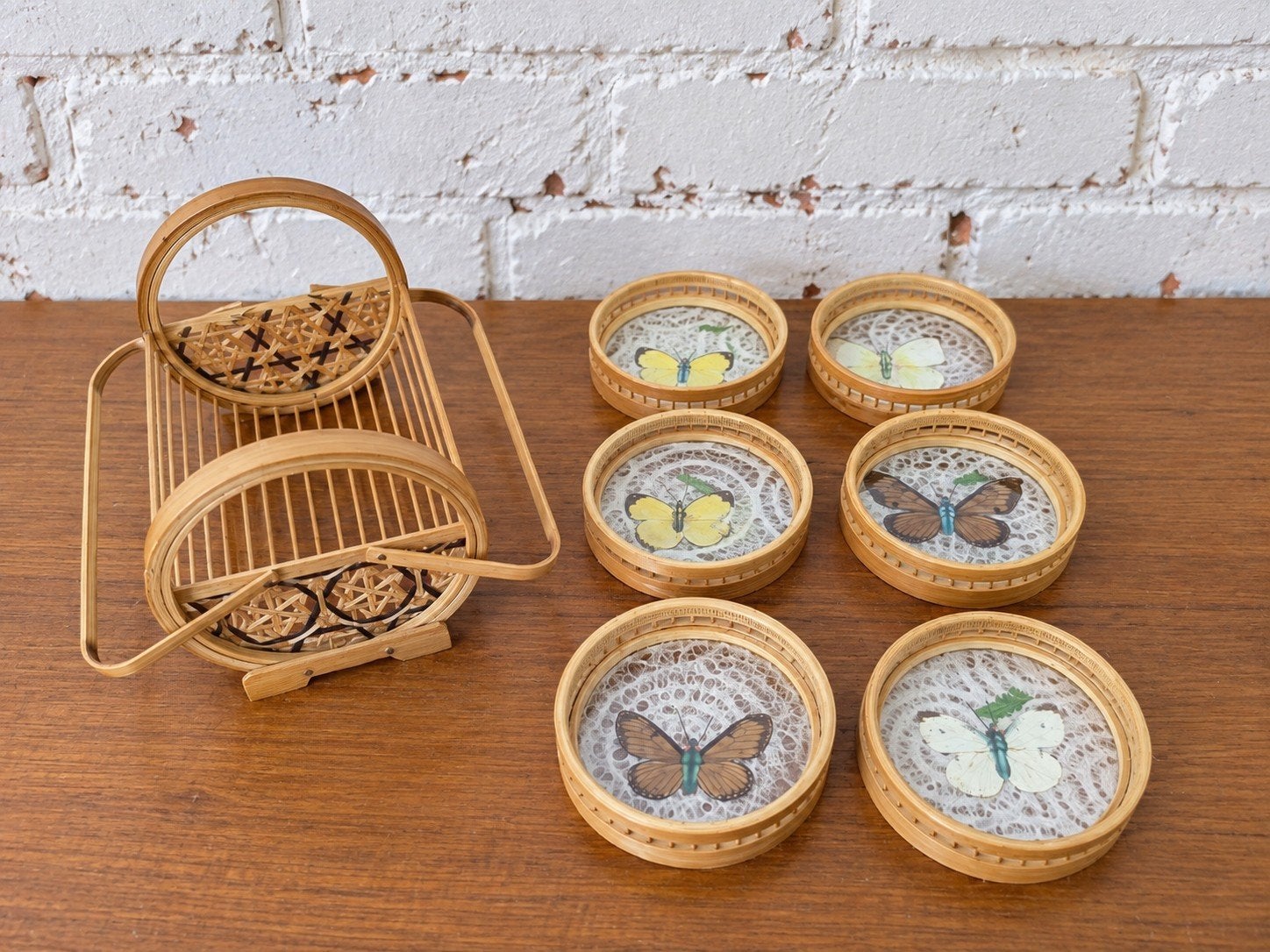 6 sous-verres vintage papillons en bambou avec présentoir, Enlèvement ou Envoi, Verre