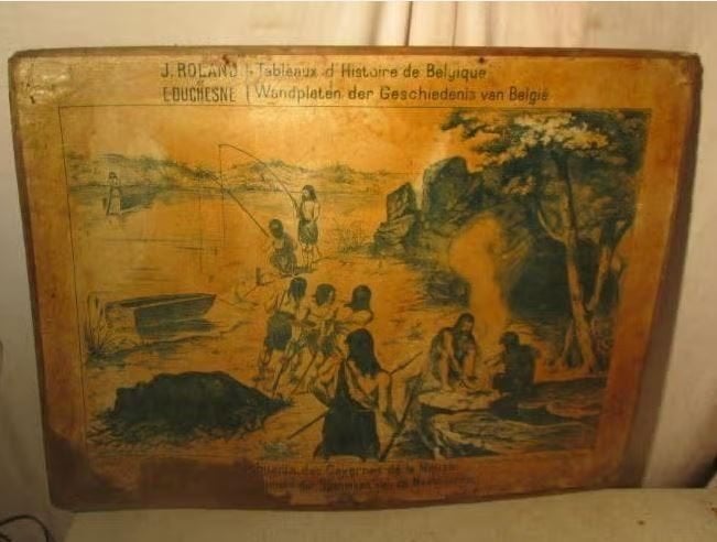 Hele Oude Schoolplaat - Holbewoners langs de Maas - 84x62, Antiek en Kunst, Antiek | Schoolplaten, Ophalen of Verzenden, Geschiedenis