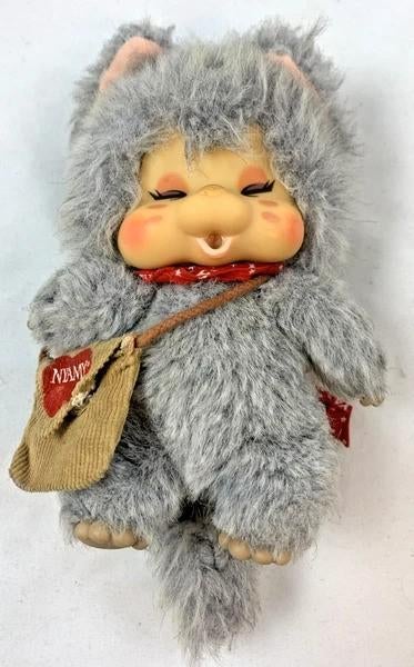 Sekiguchi Nyamy Nappy Kat Grijs Vintage Monchhichi Tas 1979, Overige merken, Grijs, Zo goed als nieuw, Kat