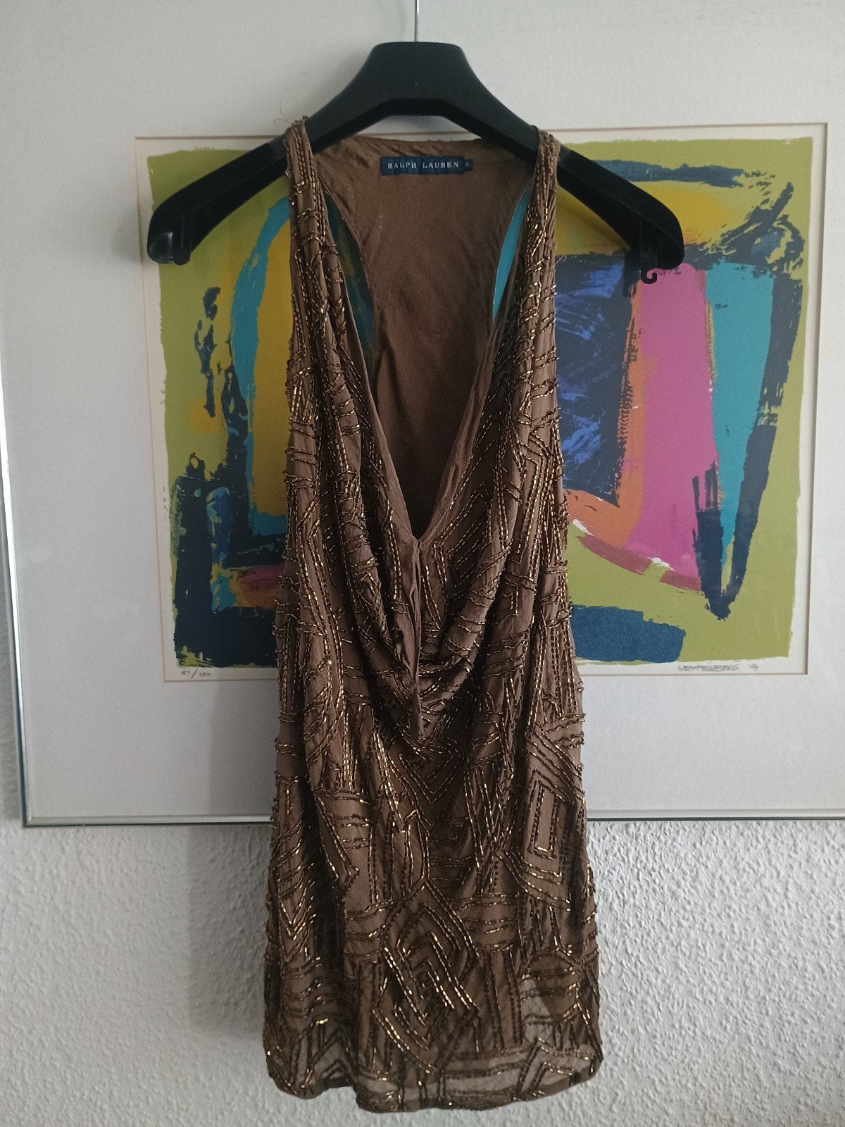 Soie Ralph Lauren avec applications à paillettes kaki S/M, Sans manches, Enlèvement ou Envoi, Taille 36 (S), Brun