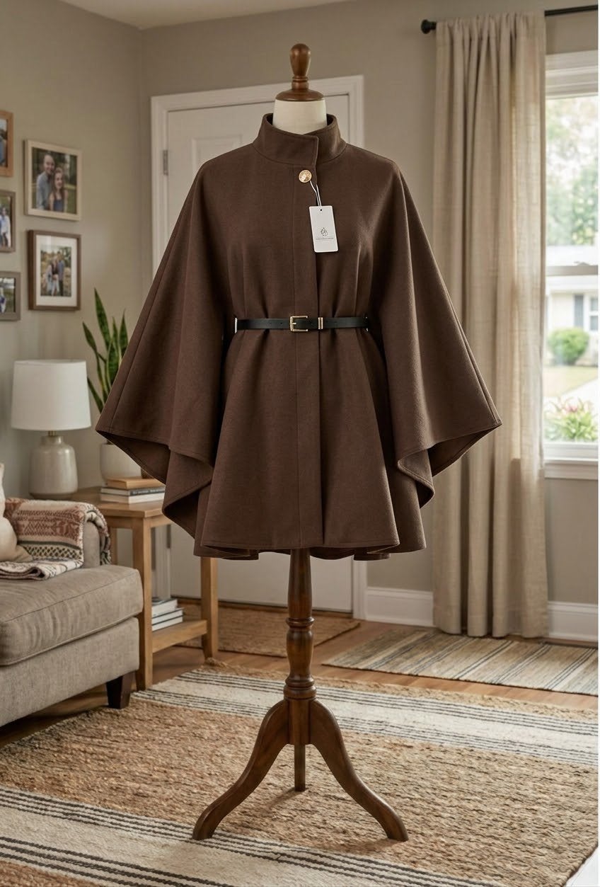 Elegante bruine chocolade cape met zwarte riem en opstaande, Enlèvement ou Envoi, Neuf