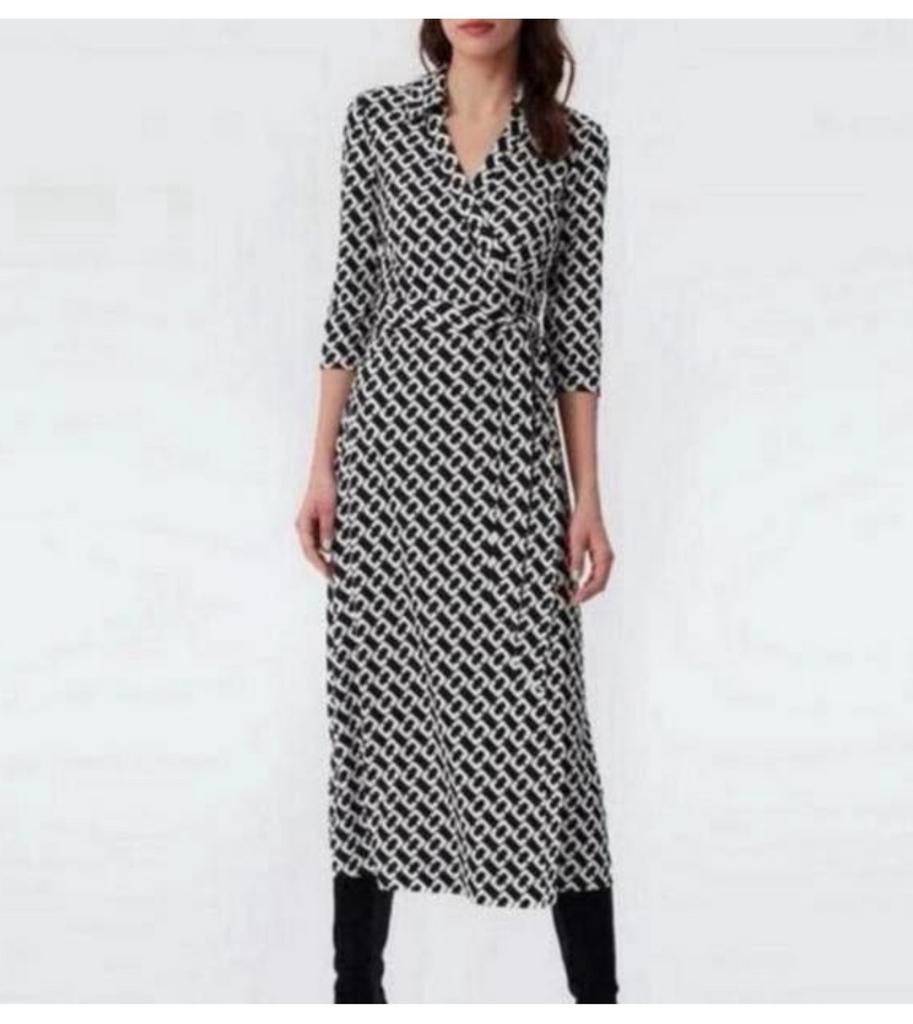Diane Von Furstenberg - Black & White Chain Link Wrap Dress, Kleding | Dames, Ophalen of Verzenden, Zo goed als nieuw, Maat 38/40 (M)
