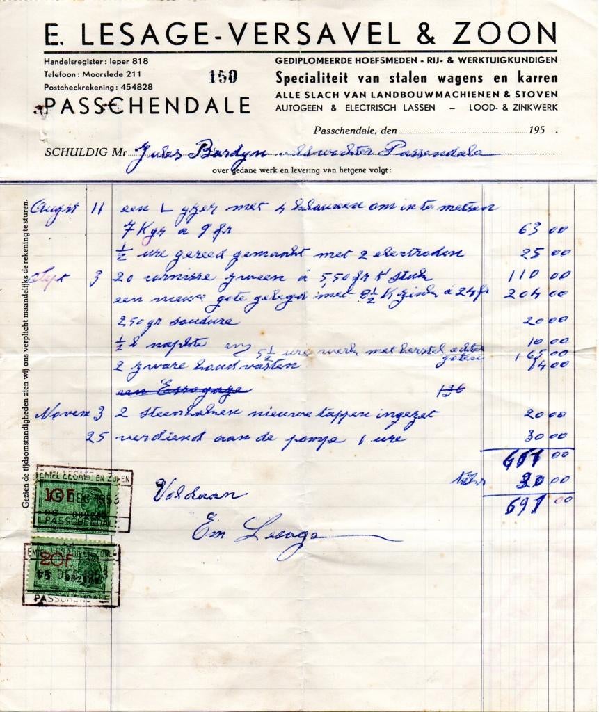 factuur Lesage - Versavel Passendale 1953, Ophalen of Verzenden