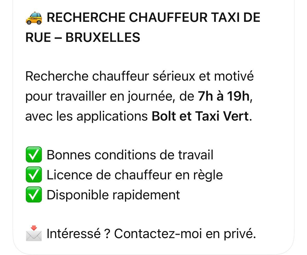 Recherche chauffeur taxi de rue Bruxelles, Offres d'emploi