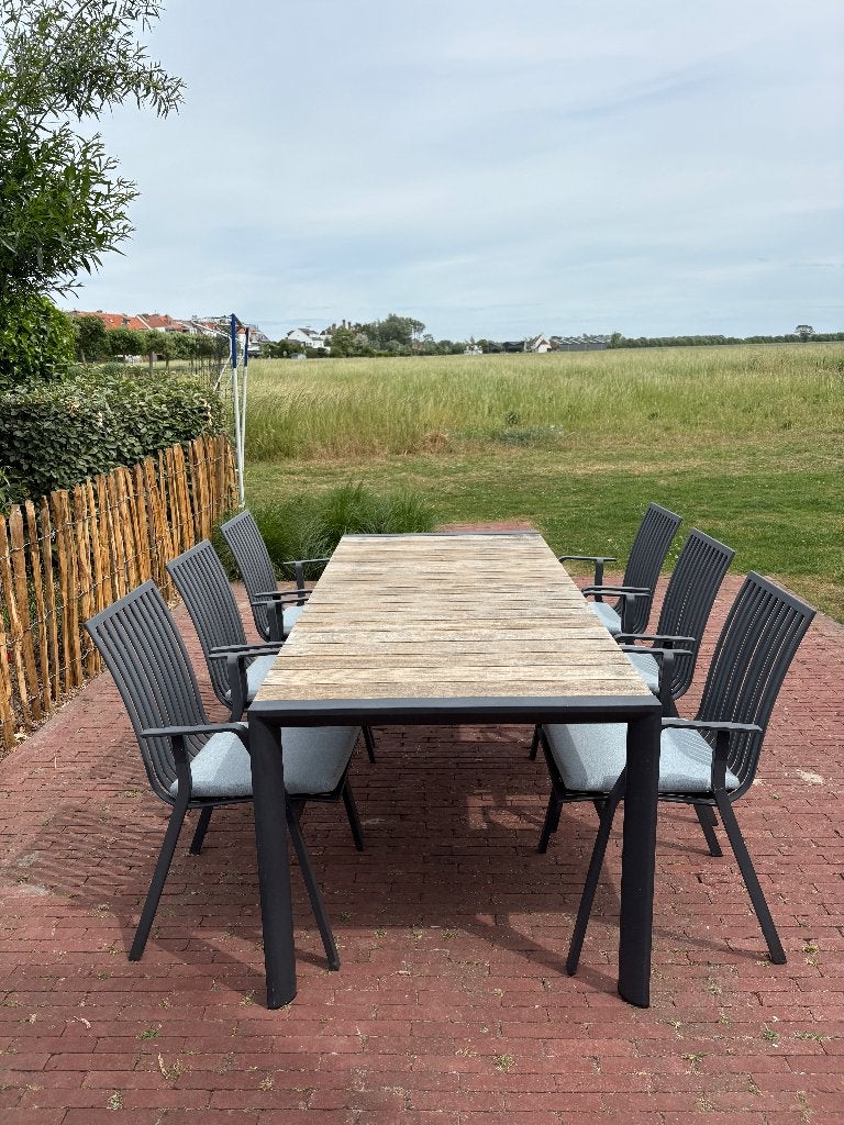 Table de jardin Liyo 210x90cm + 6 chaises et coussins, Jardin & Terrasse, Enlèvement, Utilisé, Rectangulaire, Métal
