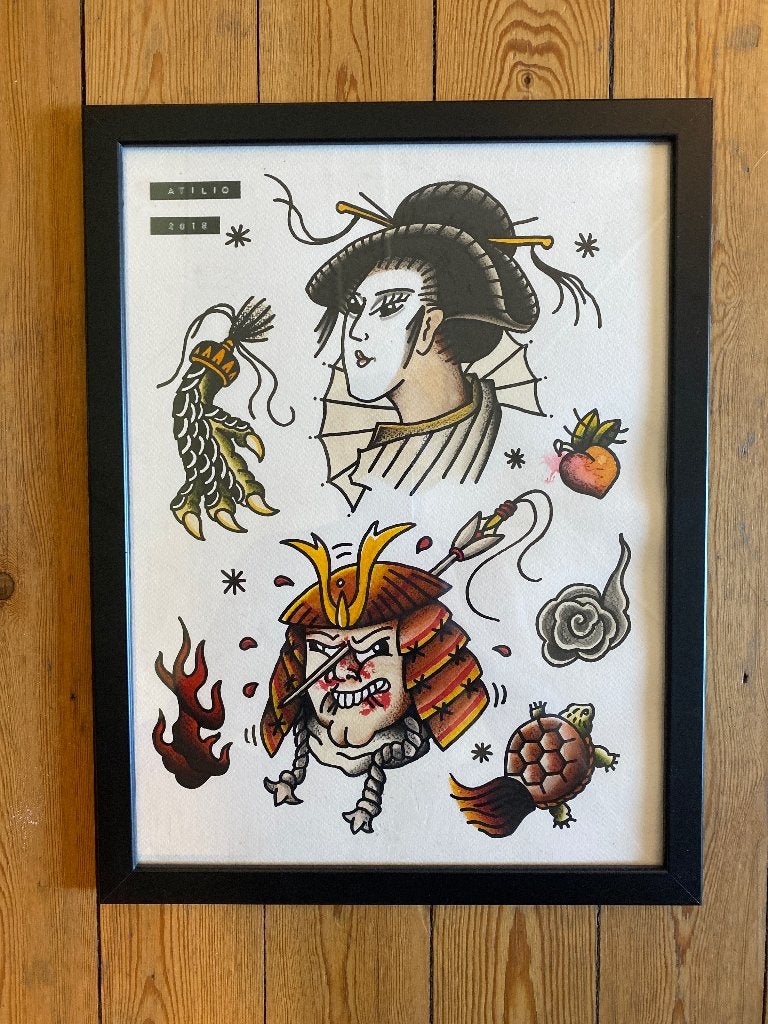 Tekeningen Tattoo artiest, Antiek en Kunst, Kunst | Tekeningen en Fotografie, Ophalen, Tekening, Gemengde techniek, Ingelijst