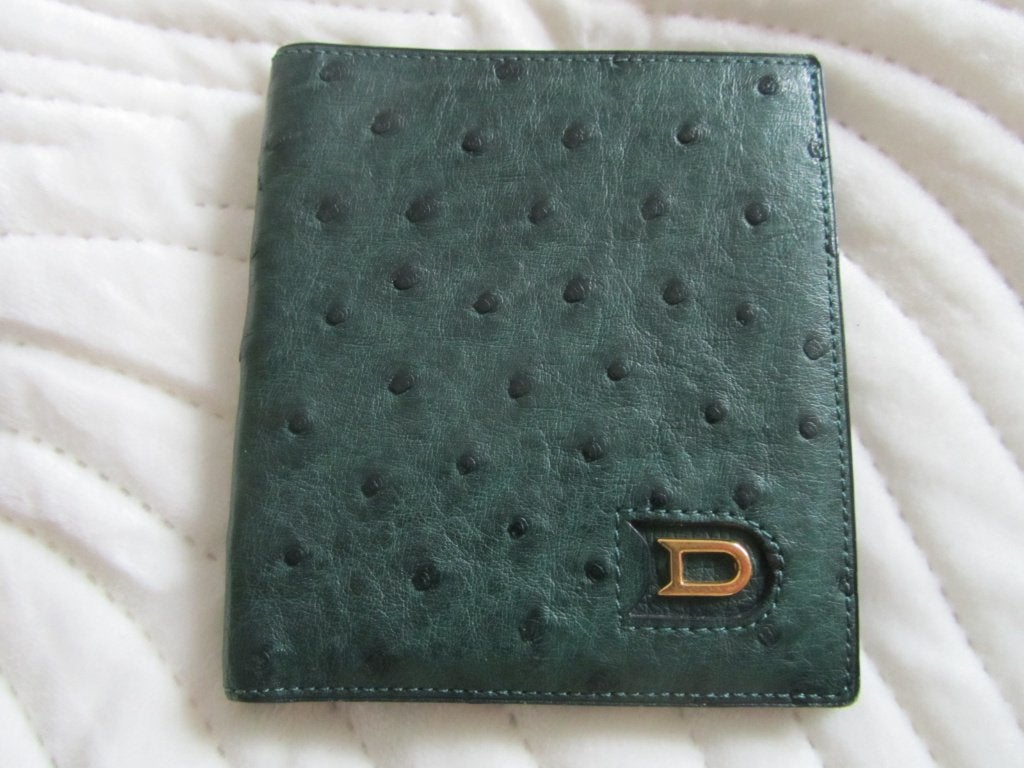 DELVAUX Engelse groene struisvogelportemonnee met logo, Verzenden, Groen