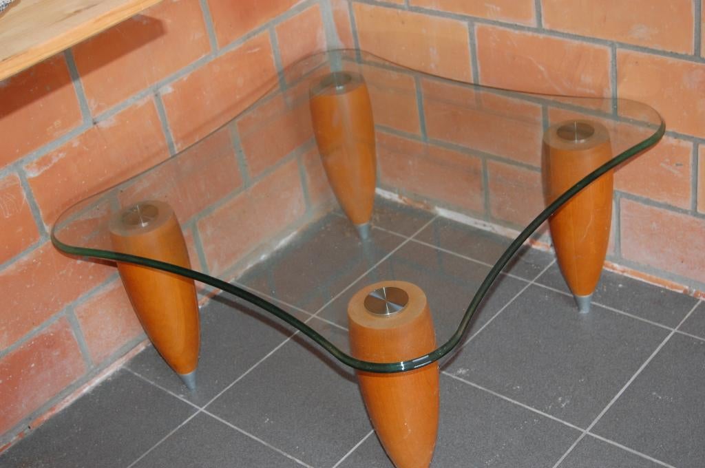 Glazen vierkante salontafel of bijzettafel met ronde vorming, Ophalen, Gebruikt, Glas