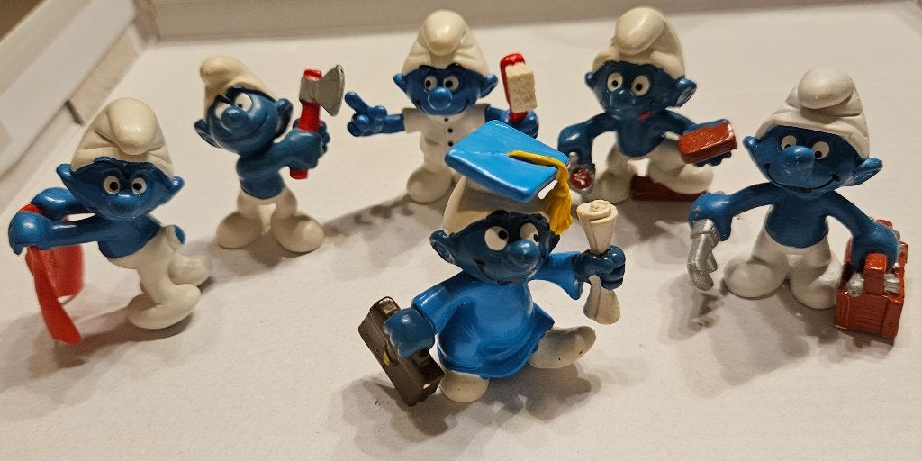 Schleich/Peyo 6 smurfem 5 beroepen en 1 afstudeer smurf, Collections, Schtroumpfs, Enlèvement ou Envoi, Comme neuf, Différents Schtroumpfs