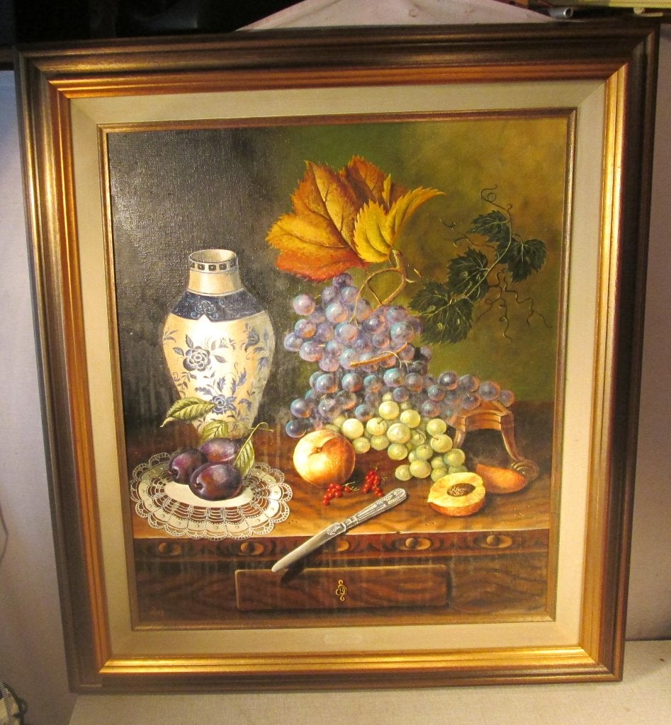 Mooi Geschilderd Werk 'Vaas en Fruit' - Chris - 92x82, Doek, Stilleven, Ophalen of Verzenden, Bijzondere lijst