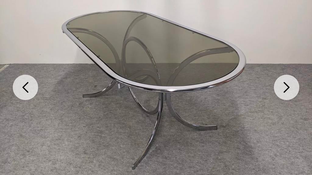 Ovale eettafel in verchroomd metaal&gehard glas en gerookt, Ophalen