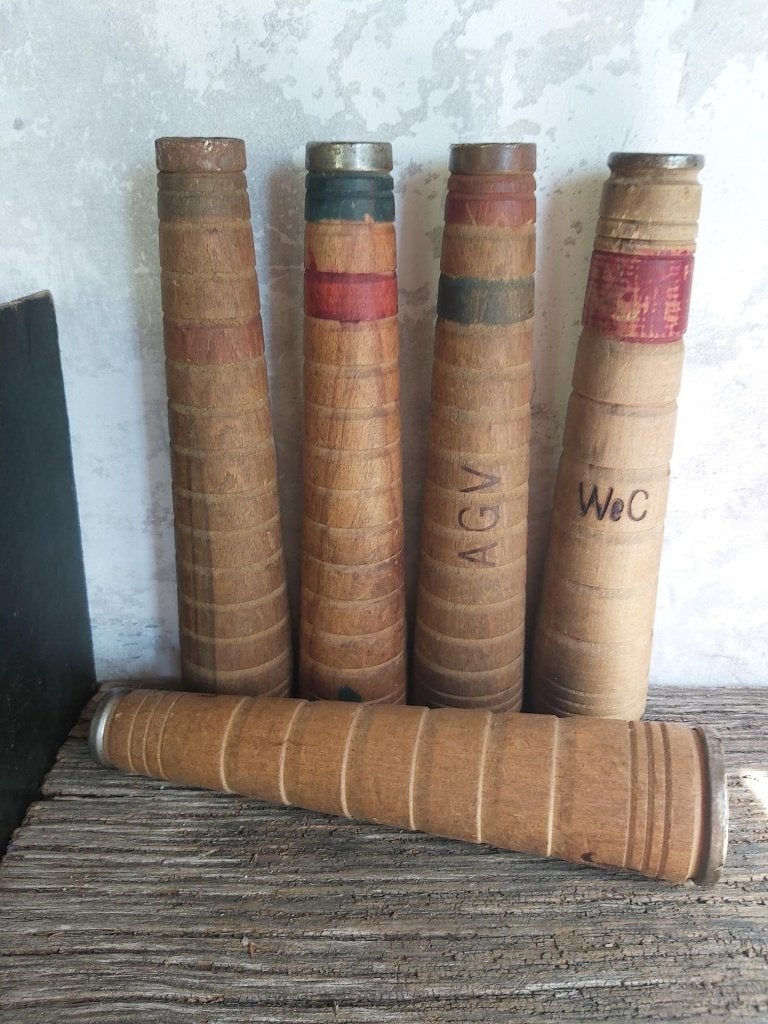 Stoere houten (fabrieks) klossen / spoelen met metalen rand, Ophalen of Verzenden