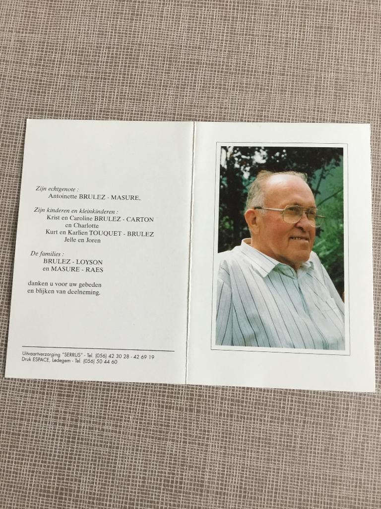 Oud wielrenner F.Brulez Rumbeke +Roeselare 2000 ( Masure), Verzamelen, Bidprentjes en Rouwkaarten, Verzenden, Bidprentje