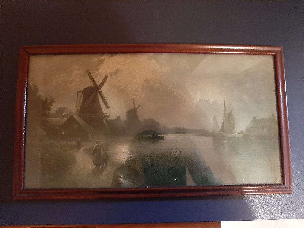 schilderij Antiek landschapsschilderij met molens F. Arnold, Antiquités & Art, Art | Peinture | Classique, Enlèvement